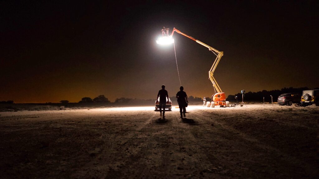 Short film set with large overhead light