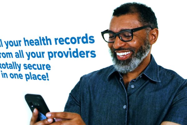 Man looking at phone reading about his health records