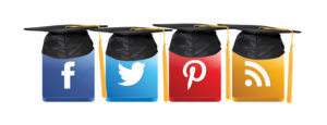 Social media icons with graduation hats on