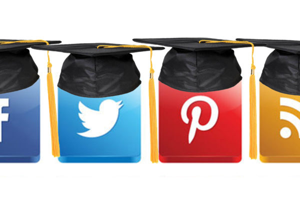 Social media icons with graduation hats on