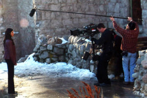 Outdoor shoot of actress, boom mic and steadicam