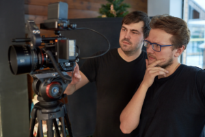 Filmmakers set up their frame and shot