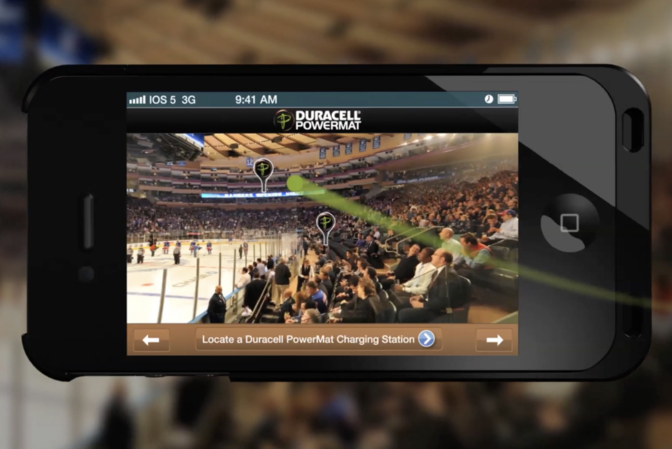 Smartphone showing off the new Duracell mixed reality app to show you were charging stations are located