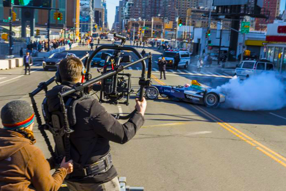 Shooting a live event of a Formula e racecar driving on the streets of New York City in front of the Jacob Javits convention center