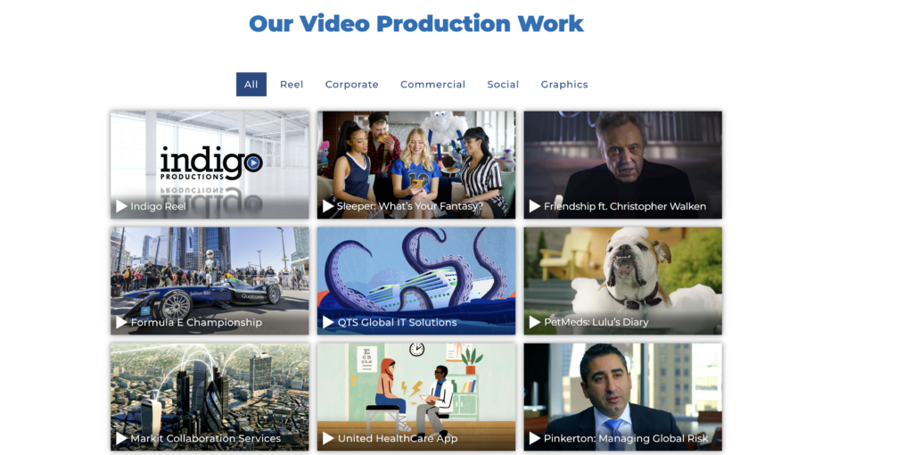 A professional production company, Indigo Productions, displays relevant projects on their website