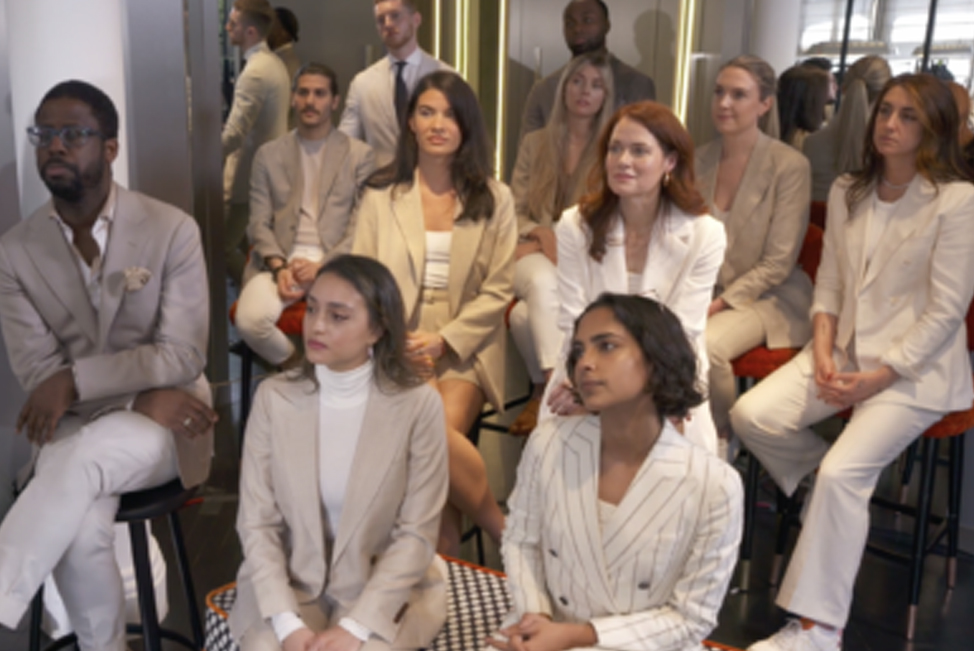 SuitSupply Live Event group of unhappy beige wearing store clerks