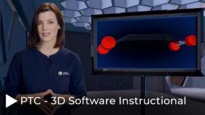 Spokswoman for PTC software giving a presentation against a greee screen graphic of some red wheels