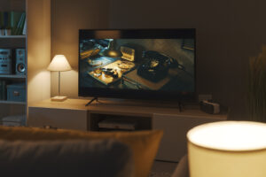 TV in modern apartment plays advertisement from marketing campaign